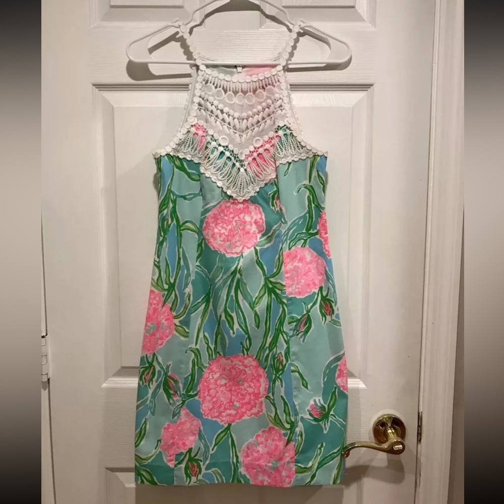 EUC Lilly Pulitzer Pearl Shift Dress Poolside Blue Going Stag Size 2
